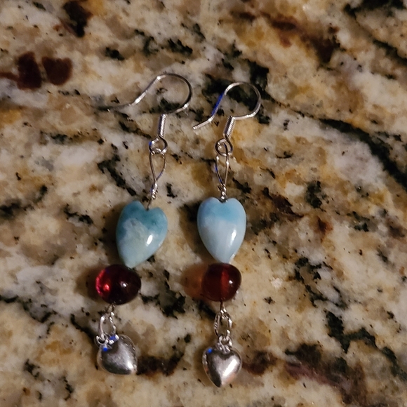 New handmade Dominican larimar heart earrings - Picture 6 of 7